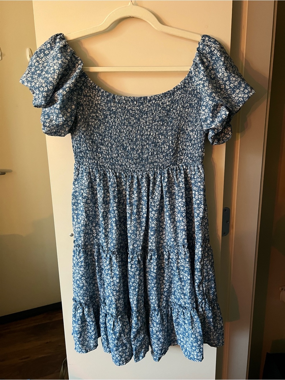 Blue Floral Smocked Flowy Midi Dress
